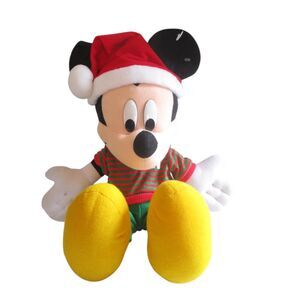 Disney Mickey Mouse 20" Christmas Plush w/Santa Hat & Green/Red Striped Sweater